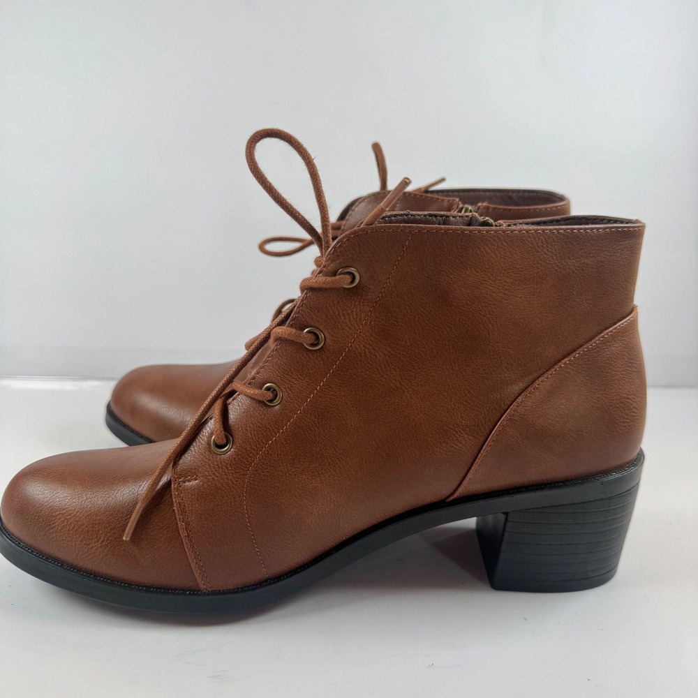 Easy Street Brown Faux Leather Lace Up Ankle Bootie Womens 11M Comfort Zipper